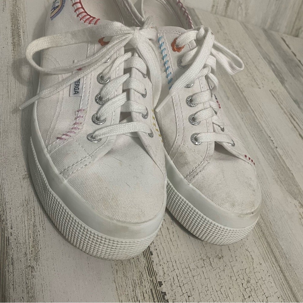 Superga 2740 Happy Logo Colorful Embroidered Platform Sneakers White size 7.5 - Picture 4 of 7